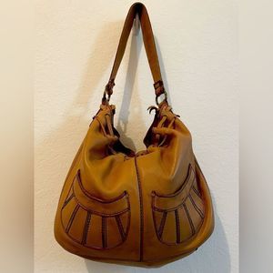 Lucky Brand large tan leather hobo purse brass hardware bohemian style
